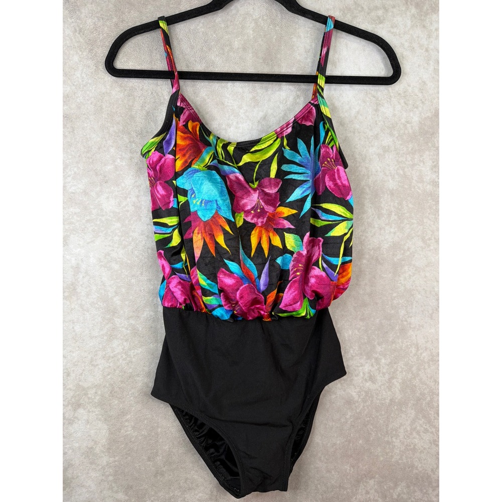 VTG 90s Longitude‎ One Piece Swimsuit Women Size 8 Black Tropical Floral Blouson